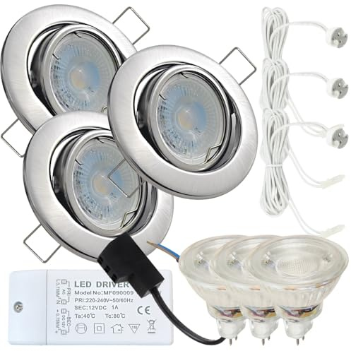 Generisch LED Einbaustrahler 12V schwenkbar – 3er Set mit 120 cm Zuleitung pro Spot, AMP-Stecksystem & Trafo, 3W MR16 Neutralweiß, 55 mm Einbautiefe – ideal für Decken im Wohnbereich, Küche und Flur