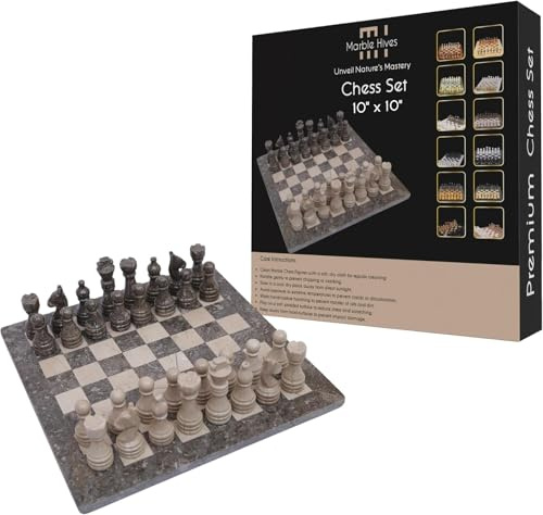 Marble Hives Handgjorda Schackset i Marmor – Elegant (25 x 25 cm) – Schackset för Vuxna – Schackbräden av Högsta Kvalitet – Fina Schackbräden (Havsgrå och Verona)