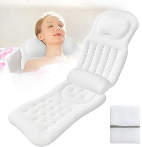 Zenselect Helkroppsbadkarskudde för badkaret, bubbelmatta, badkar med nackstöd och ländryggsstöd, badsoffa, badkarskudde med sugkoppar och hängkrok (vit)