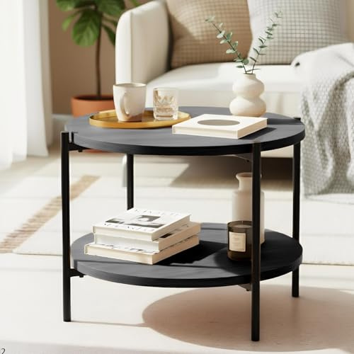 CLP Couchtisch rund Holz Edduma, Sofatisch 2 Ebenen mit Stauraum, Beistelltisch klein Metallgestell schwarz, Farbe:grau, Größe:Ø 50 cm
