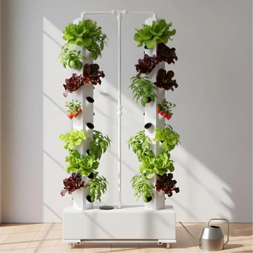 GramStudio Hydroponisches Anbausystem 56 Löcher Hydroponic Tower Garden mit Räder, Erdloses Anbausystem mit Wasserpumpe, Timer