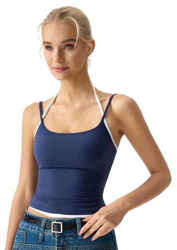 QINSEN Women's Spaghetti Strap Tank Top Slim Fitting Layered Halter Neck Sleeveless Cami Shirt Navy Blue S