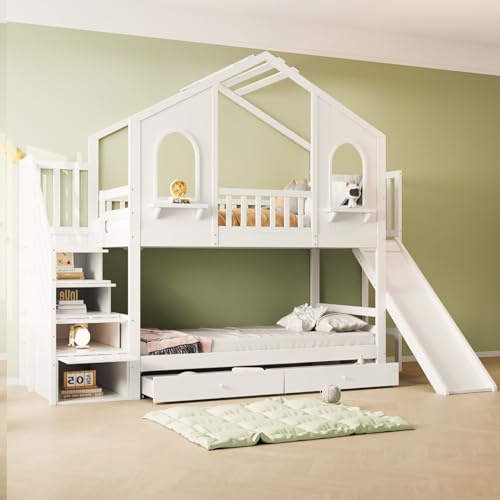 EURHCIO Lit Superposé 2 Places 90x200cm,Lit Cabane avec Toboggan,Fenêtre,échelle de Rangement,2 Tiroirs,pour Enfants Adolescents (Blanc)