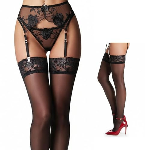 Vxcvzv 1 Set Suspenders Belt for Stockings with Adjustable Straps Sheer Pantyhose Thong and Floral Embroidery for Women Sexy Lingerie Tights Black