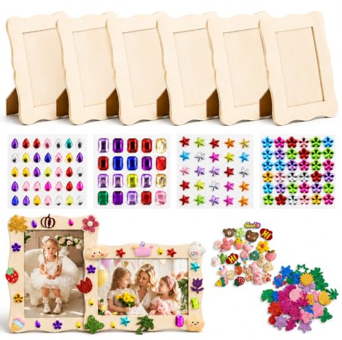 Bilderrahmen Holz Set zum Bemalen,6 Stück Holzrahmen Holzbilderrahmen | DIY Bastelset bemalen Kinder mit 4 Glitzersteine Glitter Moosgummi Sticker 3D Aufkleber zum Basteln