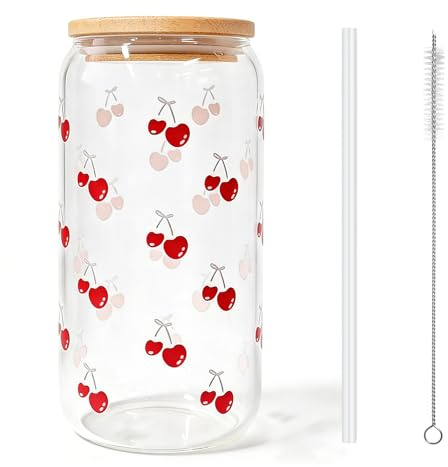 Dermalyx Sommer Glasbecher mit Kirsch-Motiv, Wiederverwendbares Trinkglas, Mit Bambusdeckel und Strohhalm, Portable Becher für Eisgetränke, Glas mit Deckel und Strohhalm