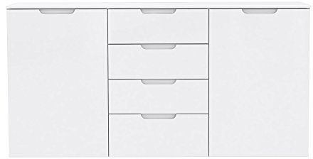 Forte Sienna Kommode mit 2 Türen und 4 Schubladen , Holzwerkstoff, Weiß/ Weiß Hochglanz, 164.6 x 34.1 x 84.9 cm