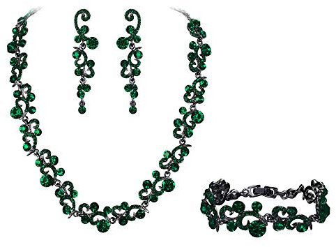 Ever Faith Wedding Jewellery Bridal Crystal Floral Vine Necklace Earrings Bracelet Set for Women Girls Green
