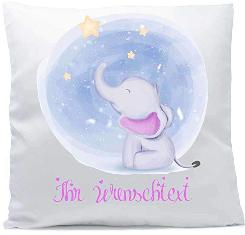 Kissen mit Namen Babyelefant flieder rosa verträumt Elefant Baby Stern Sterne 40x40 cm inkl. Füllung Kuschelkissen, Kissen Farbe:Vorderseite weiß flauschig/RS weiß flauschig