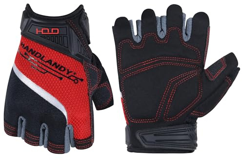 HANDLANDY Fingerless Work Gloves, Men Women Padded Half Finger Framer Mechanic Construction Carpentry Working Gloves (Red, XL)