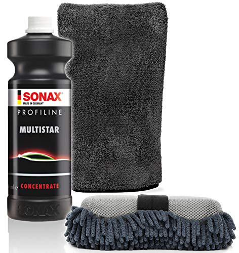 detailmate Universalreiniger Basic 2 Set: SONAX ProfiLine MultiStar 1L 2in1 Insektennetz Waschschwamm Präzisionshandschuh 1000GSM