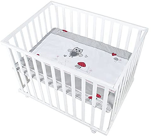 roba Laufgitter Adam & Eule 75 x 100 cm - Laufstall inkl. Schutzeinlage mit Tiermotiv - Mobiles Krabbelgitter mit Rollen - Holz weiß