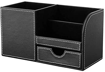 PEVSCO Stifthalter Leder Multifunktionsschreibtisch Schreibtisch-Organizer Aufbewahrungsbox Stifthalter Fernbedienungshalter mit kleiner Schublade schwarz Schreibtischzubehör