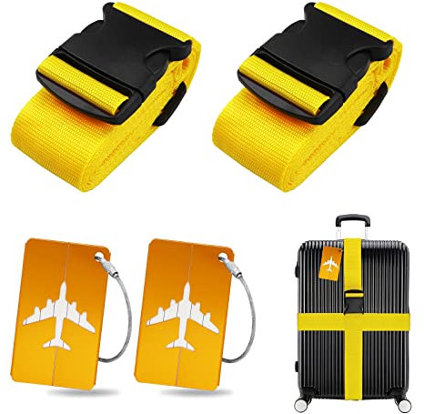Koffergurt Kofferanhänger Set, 2 Stück gepäckband mit 2 Stück Gepäckanhänger Set, Kofferband Gurt Personalisierte Identifikation für Schnell erkennen Gepäck Reisetasche Koffer (Gelb)