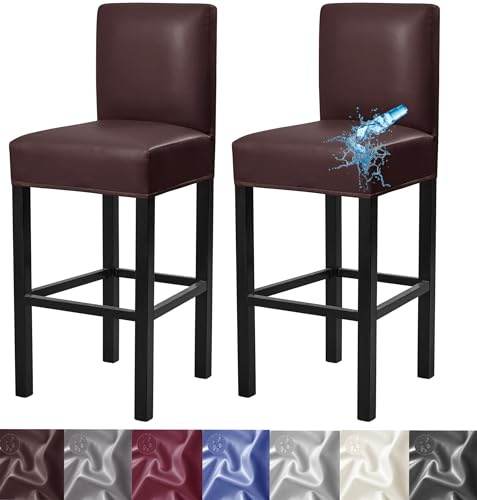 Bar Stool Covers,2 Pack Stretch Waterproof PU Bar Stool Covers with Backs Removable Bar Stool Chair Covers Basrstool Covers Slipcovers with Back Pub Counter Chair Covers with Elastic Bands Coffee
