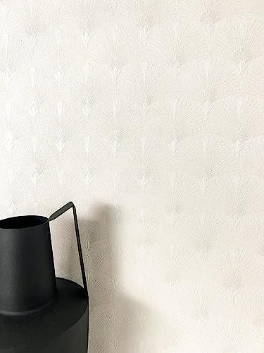 Newroom Vliestapete Creme Fächer Art Déco Tapete Schlafzimmer | ton-in-ton Feder- und Palmmotive, dezenter Schimmer, feine Struktur, Mustertapete, Wandtapete, Wohnzimmer Flur