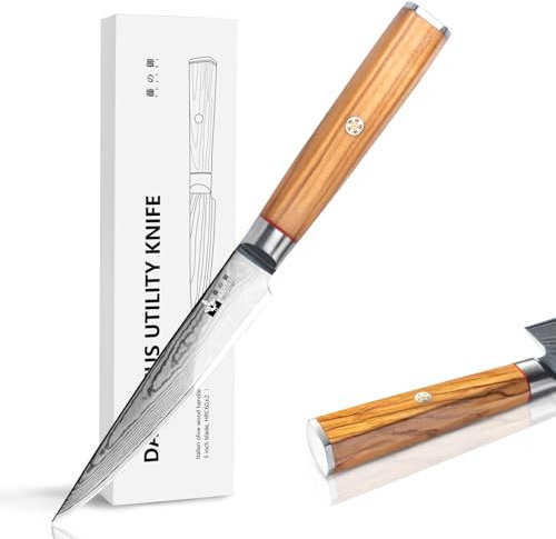 FUJUNI Damastmesser Allzweckmesser Küche Mit Extrem Scharf 12,5 cm Klinge Aus 67 Lagen VG-10 Damaststahl Officemesser Damast, Olivenholzgriff, Geschenkbox
