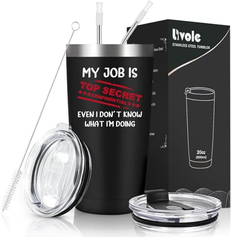 Livole Christmas Gifts for Men, Him, Colleagues, Funny Mugs for Work Colleagues, Novelty Friends Gifts, My Job is Top Secret, 600ml Coffee Cup Travel, 20oz Wine Tumbler with Straw and 2 Lids