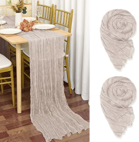 2 Stück Seihtuch-Tischläufer Braun-Grau,90 x 300 cm Rustikaler Gaze Stoff Boho Tischläufer Käsetuch Tischdecke für Hochzeitsfeier Brautparty Tischdekorationmit(Mit Einem Hauch von Lila und Rosa)