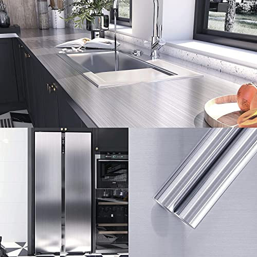 VIOPVERY Silver Stainless Steel Contact Paper 40X1000CM Wallpaper Peel and Stick Wall Paper Waterproof Easily Removable Self-Adhesive Film Wall Covering for Metal Surface Kitchen Cabinet Refrigerator