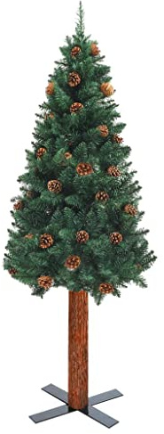 WIFESE Albero di Natale Sottile con Legno Vero e Pigne Verde 150cm PVC Albero di Natale Slim Albero Natale Slim Alberi Natale Christmas Tree Albero di Natale con Neve Albero di Natale di Neve