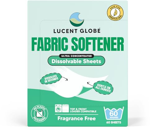 Lucent Globe Fabric Softener Sheets Eco-Friendly Ultra Concentrated Fabric Softener Biodegradable Plastic-Free Packaging Plant-Based + Enzymes (60 Washes) (Fragrance Free)