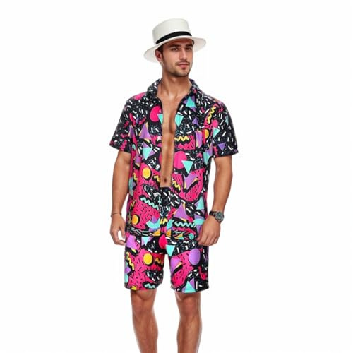 Mens 2 Pieces Vintage Shirts and Shorts Set 80s 90s Button Down Beach Outfit Retro Suit Vintage Halloween, Black(purple), Small