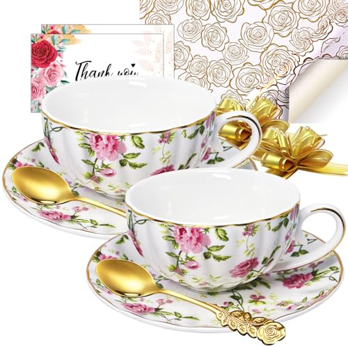 TEVLAUXO Juego de 2 tazas de té y platillos de porcelana, tazas de té floral, patrón de rosas de flores, juegos de té antiguos, 6 onzas, con ribete dorado, juego de té con cuchara, café, té helado,