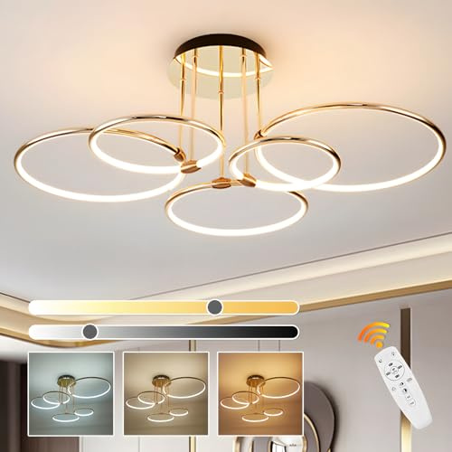 WayLuoung 5 Anneaux Ronds Plafonnier Led Doré, Lustre Ø93cm | 108W À Intensité Variable, Suspension Créative En Métal Électrolytique, Lampe Moderne Pour La Chambre À Coucher Bureau D'Enfants Étude