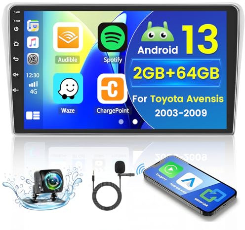 Hikity 2+64GB Android 15 Radio Coche para Toyota Avensis 2003-2009 Radio Carplay Android Auto Inalámbrico, IPS 9 Pantalla Táctil con Cámara Trasera, Bluetooth Manos Libres, Navegación GPS