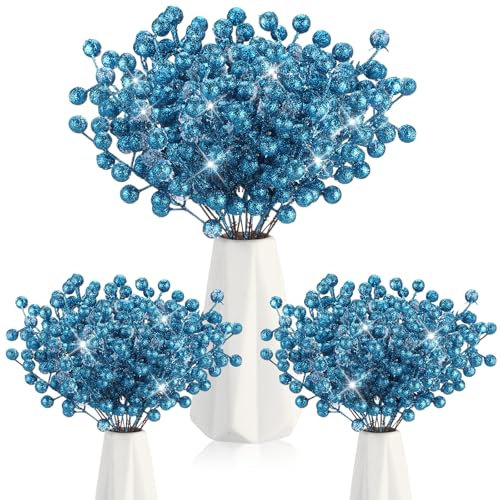Geosar 30 bastoncini di bacche di Natale artificiali con fiocco di neve glitterati, steli di bacche di agrifoglio artificiali, ornamenti per albero di Natale, vasi, artigianato fai da te, casa,