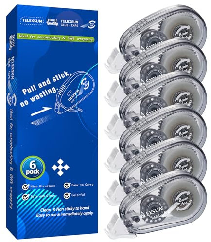 sundee 6 Pcs Glue Tape Roller for Crafting, 0.8cm x 6m Permanent Double Sided Tape Runner for Scrapbooking Photos, Sticky Adhesive Tape Dispenser for School DIY Office Journal Wrapping Supplies -Grey