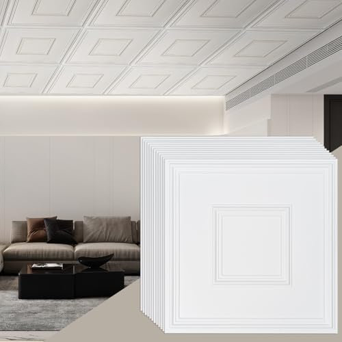 VEVOR Pannelli per Controsoffitto 605 x 605 mm Pannello per Soffitto, Confezione da 12, Facile Installazione/Taglio, Pannelli per Soffitto in Plastica Adesivi, Decorazione di Casa, Bianco Geometrico