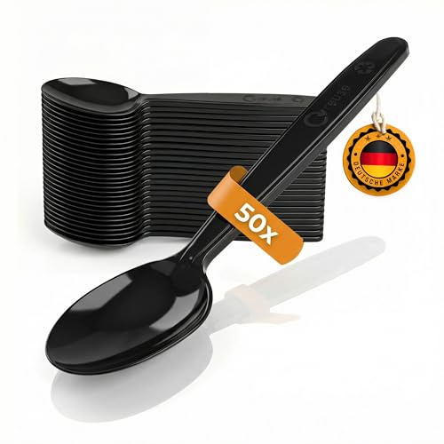 LogiPack GeRo 50 Stück Löffel | Wiederverwendbares Plastikbesteck schwarz | MEHRWEG Campingbesteck | PREMIUM Reisebesteck | robustes Outdoor Besteck