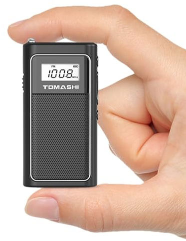 TOMASHI Pequeña radio FM portátil con carga USB, radio de bolsillo con reproducción micro SD y batería de litio recargable integrada, compacta y ligera