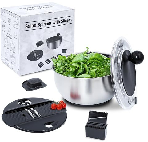 Jikoni Yetu Stainless Steel Salad Spinner Large 5.28Qt - Lettuce Spinner With Strainer - Salad Spinners Best Rated For Home Kitchen Washing - - Includes Vegetable Slicer.
