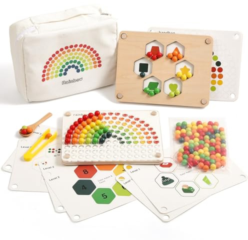 OESSUF Montessori Spielzeug ab 3 Jahren, wendbar Regenbogen Holzpuzzle Farbe Sortieren Clip Perlen Board Game Feinmotorik Match Lernspielzeug Geschenk für Kinder Jungen und Mädchen 3 4 5 Jahre