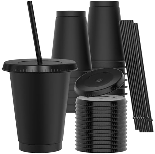 OZMOJOO 473 ml (16 Floz) Kunststoffbecher mit Deckel und Strohhalm (15 Stück) - Stabil & lebensmittelecht, wiederverwendbare Trinkbecher für Eiskaffee, Milchshakes, Smoothies - Schwarz