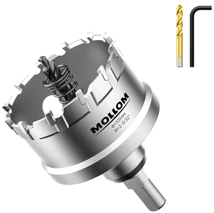 Mollom 2-5/32 (55mm) Sega tazza metallo duro resistente con 2 punte pilota | Taglierini per fori industriali per tagliare acciaio inox, acciaio dolce, ferro, rame, ottone e alluminio, plastica