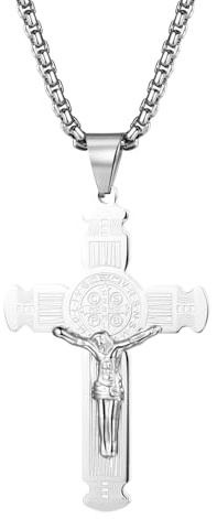 Cupimatch Collana San Benedetto Uomo: Ciondolo Croce di Gesù Cristo in Acciaio Inossidabile Crocifisso Catena Grano 60 cm - Regalo Preghiera Battesimo Pasqua Halloween Argento