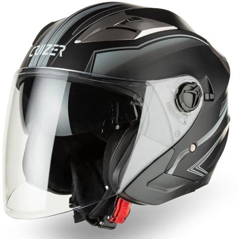 Cruizer Casco Jet Moto Scooter Omologato Doppia Visiera Nero Opaco Grafica Grigio Argento (XL)