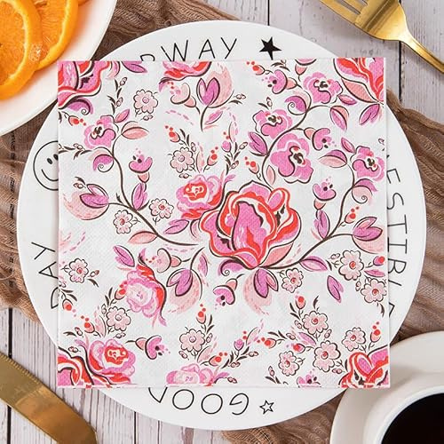 Serviette Papier Fleurs De Café Rose Serviette de Table Anniversaire Jetables Cocktail Mariage Décoration de Table pour les Partys Célébrations Papier Toilette 5 Paquet(33x33cm)