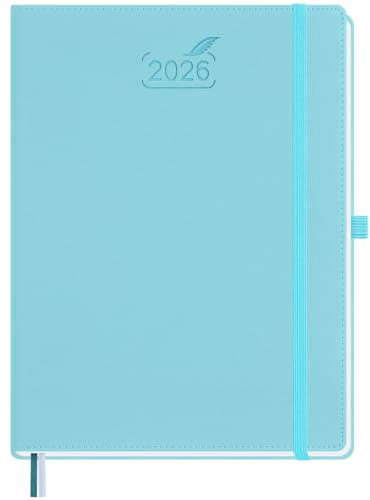 BEZEND Kalender 2026 Buchkalender ca.A4 28,5 x 21,5 cm | Terminplaner 2026 Wochenkalender 1 Woche 2 Seiten mit Monats-Register | Planer & Terminkalender A4 mit PU-Leder Hardcover - Himmelblau