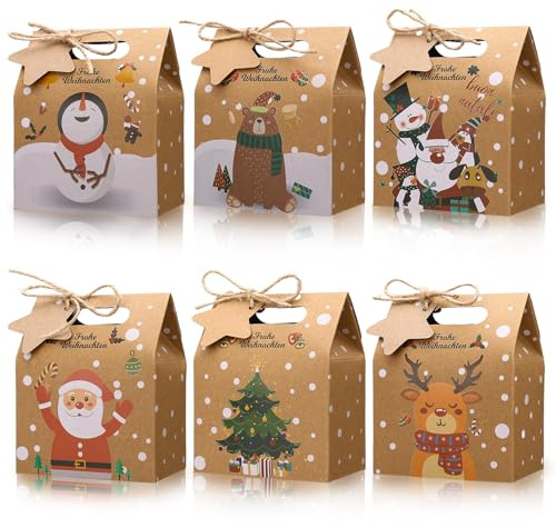 Geschenktüten Weihnachten 24 Stück Kraftpapier Weihnachtsgeschenkbox klein | Papiertüten Geschenkboxen mit Griff Weihnachtsverpackung Tüten zum Befüllen Kekstüten Plätzchentüten für Weihnachten Party
