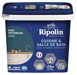 RIPOLIN Peinture Intérieure Cuisine et Bain Satin Bleu Seychelles 0,75 L | Peinture Spécialement Conçue pour les Pièces Humides, Technologie 'effet Perlant', Grande Résistance aux Graisses