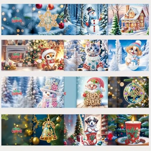 aupawdy 12 Diamond Painting Weihnachtskarten,5d Diamond Painting Karten mit Blanko Umschlag,Handgemachtes Diamant Malerei Grußkarten mit Umschlag Set,Weihnachten Geschenk für Freunde Familie Lehrer