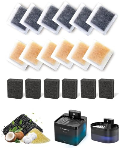 18 Pcs Ensemble Complet de Filtre Fontaine Eau Chat | 6 Résines + 6 Charbons + 6 Éponges en Mousse avec Outil d'Ouverture, Compatible avec Fontaine à Eau Chat (Modèle B0FCYBHS61)