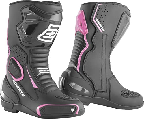 Bogotto Carta Race Stivali da moto da donna traforati, nero/bianco/rosa, 38