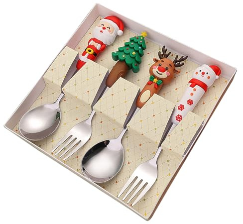Set di posate natalizie – Set regalo con cucchiaio di Natale e forchetta in acciaio inox con motivi di Babbo Natale, renna e albero di Natale | stoviglie da dessert festive per casa, feste