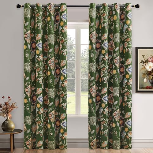 XiDi Moosgrüne Retro-Pflanzen-Verdunkelungsgardinen 214cm Allrounder 2 Panels Botanikmuster Thermoisolierung Ösenbefestigung Luxury Cottagecore für Schlafzimmer/Wohnzimmer FloB Moss Green52/84